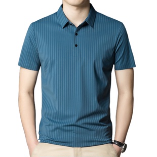 普洛克正品 高弹力条纹短袖T恤男锦纶氨纶蓝色商务polo针织衫体恤