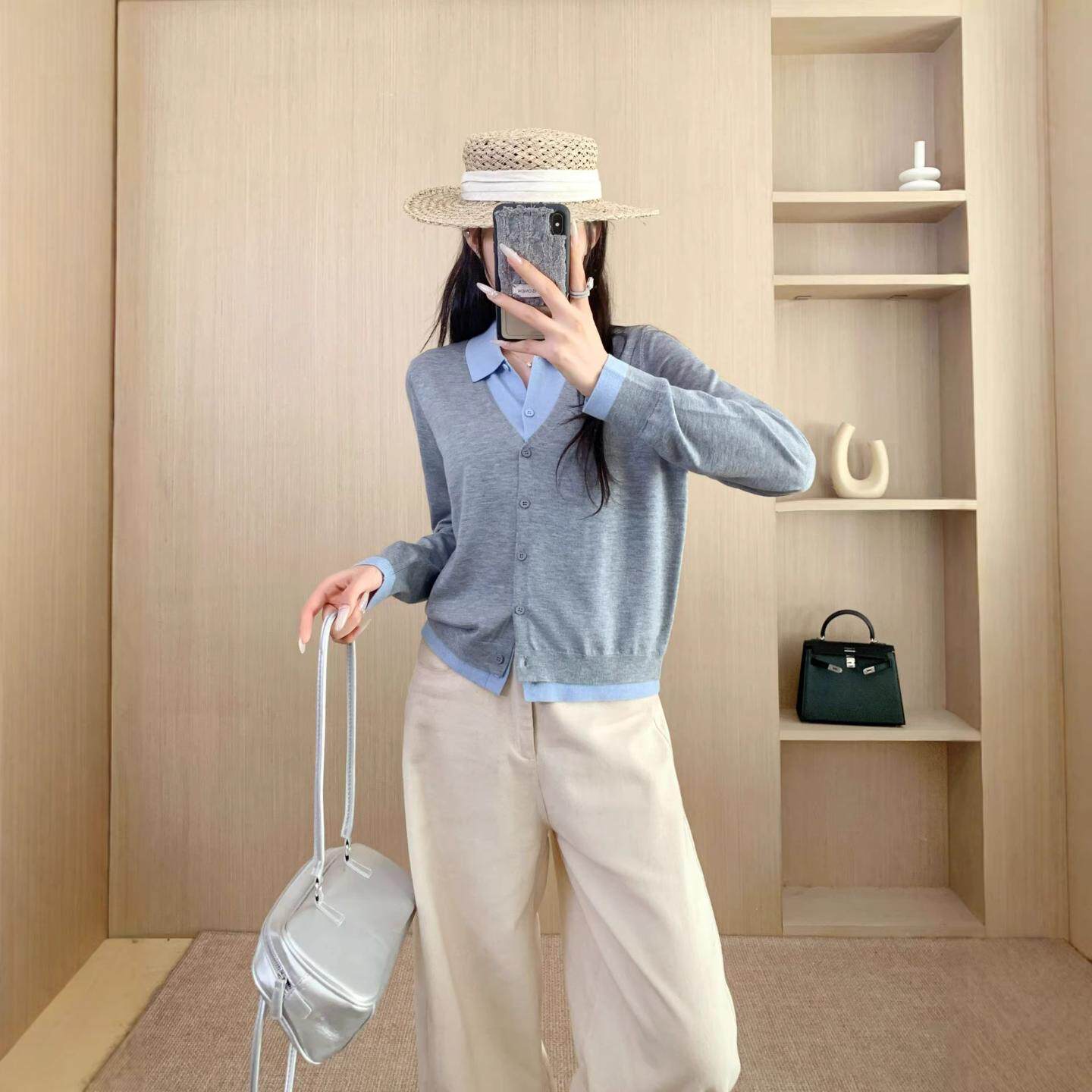 普洛克正品女装 衬衫领假两件上衣设计学院风撞色针织开衫外套薄