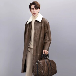 宽松皮外套 真皮衣头层牛皮长带毛领风衣复古阔版 普洛克正品 男装