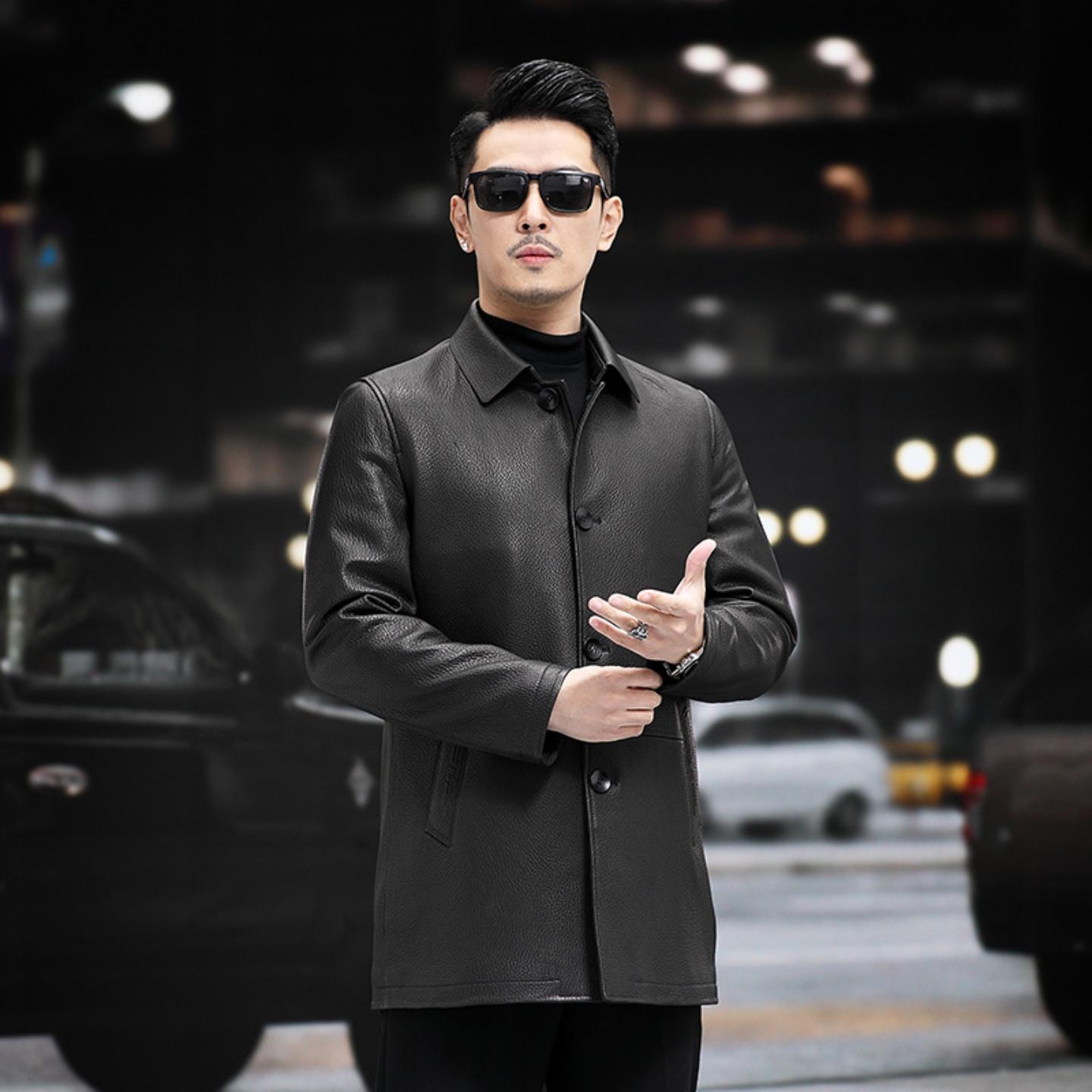 普洛克正品 新款男士真皮皮衣山羊皮外套中长款风衣商务男装