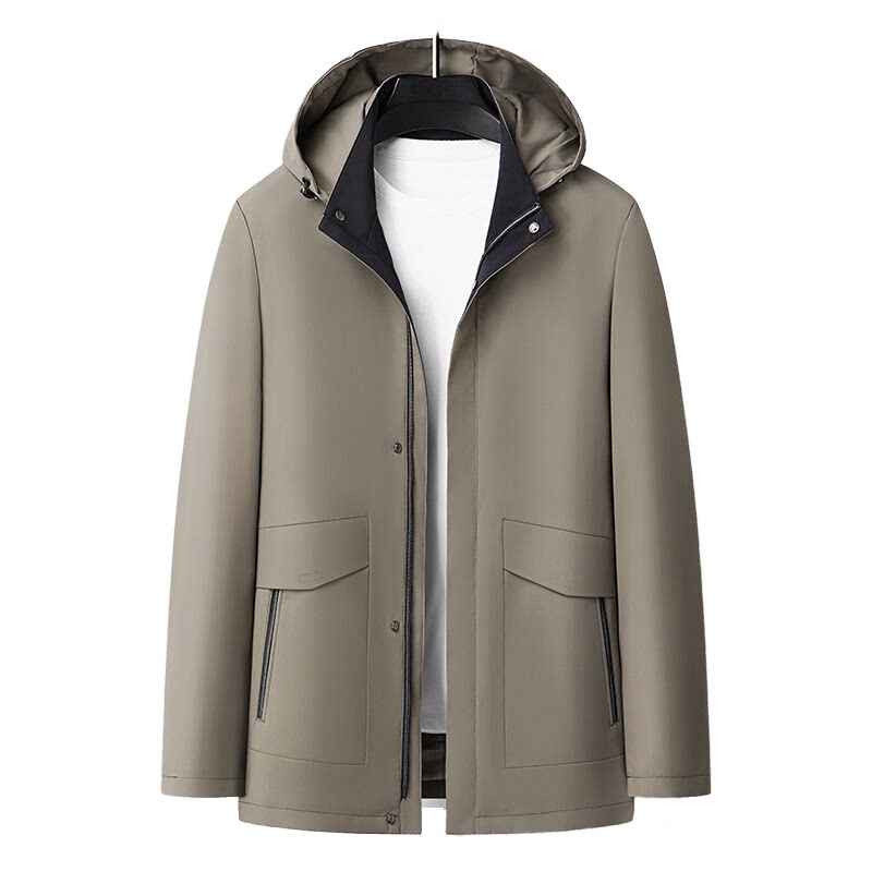普洛克正品 卡其色男商务休闲风衣牛奶丝可脱卸帽中长款夹克外套