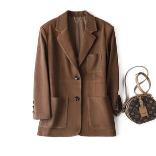 普洛克正品 女新款真皮皮衣柔雾感牛皮反绒美拉德老钱风西装外套