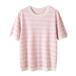 普洛克正品 高端桑蚕丝山羊绒减龄薄粉色针织衫条纹短袖T恤女装