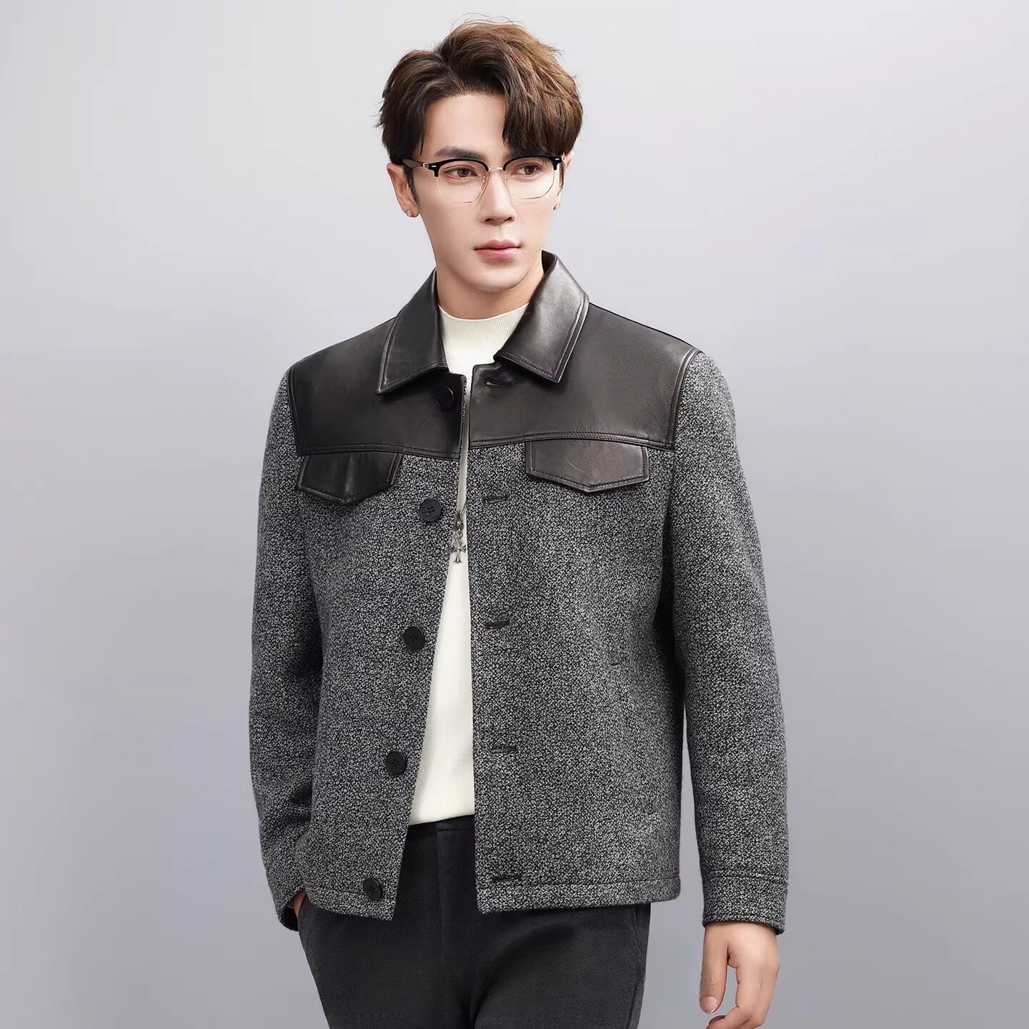 普洛克正品男装 呢子夹克韩版短翻领加厚毛呢外套双面尼驼绒大衣