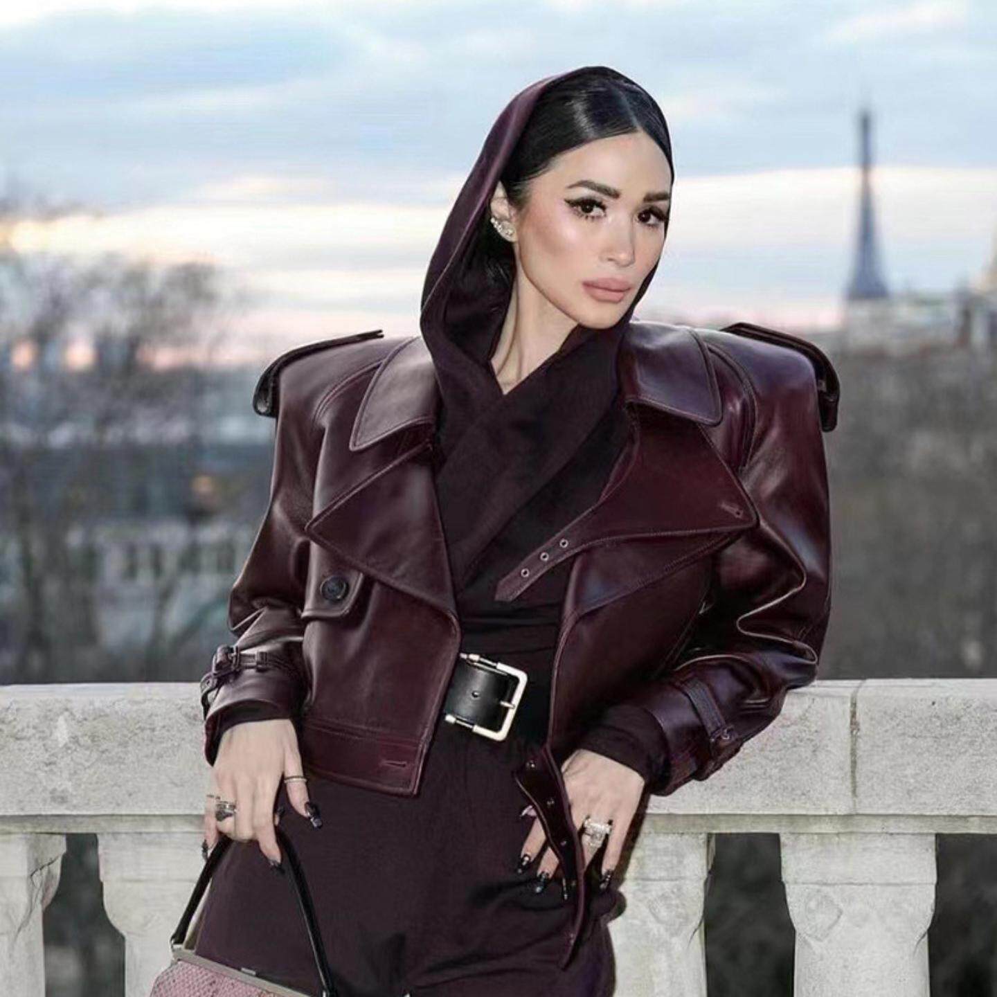 普洛克正品女装 春秋走秀款酒红色超短大廓肩皮衣皮夹克短款外套