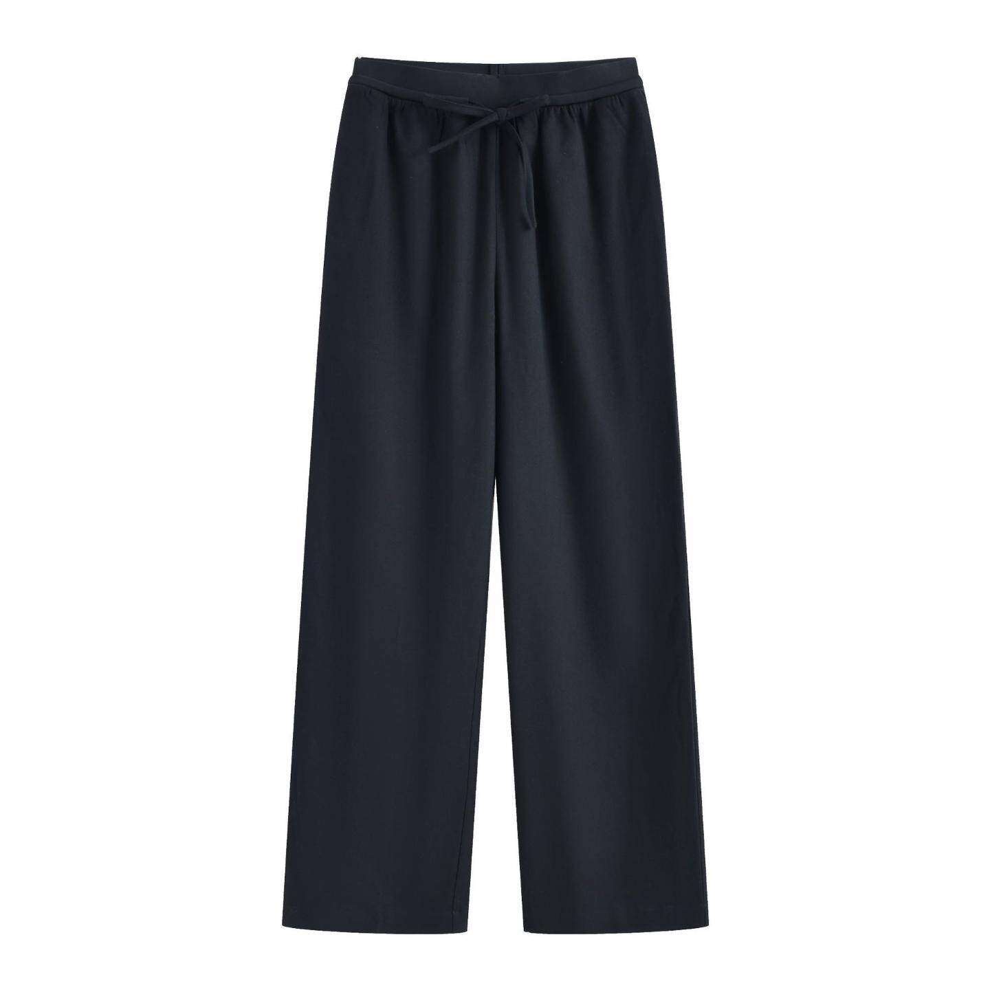 普洛克正品 高级感羊毛直筒裤女秋冬款设计感抽绳阔腿休闲长裤子