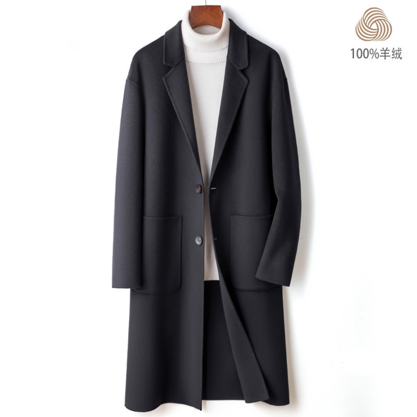 普洛克正品 大衣男西装领休闲宽松100%纯山羊绒长款风衣年轻外套