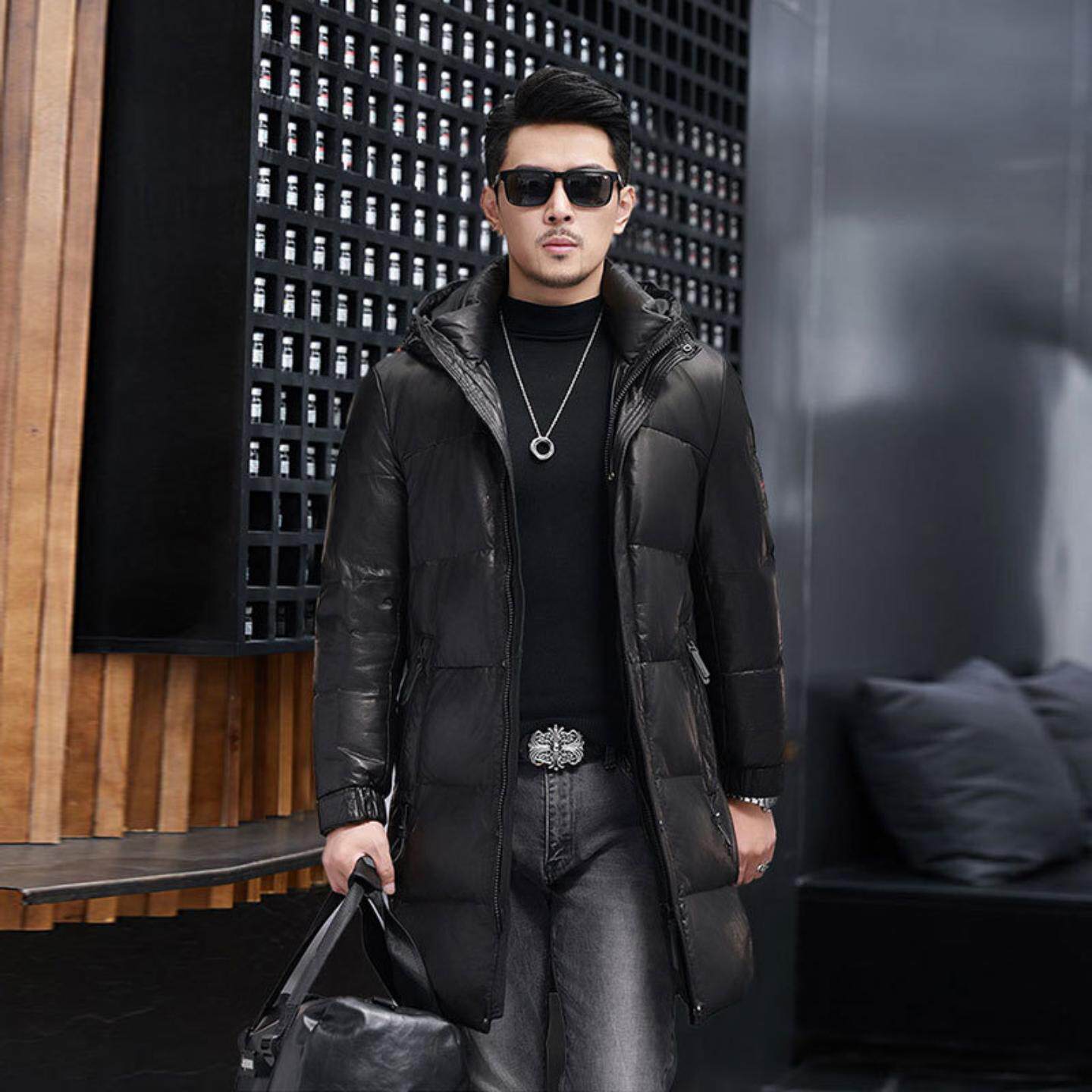 普洛克正品 款真皮羽绒服男皮衣头层小牛皮冬季长款连帽风衣外套