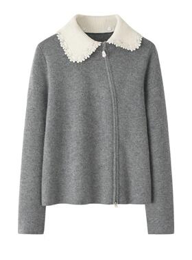 普洛克正品 秋冬新款洋气珍珠娃娃领羊绒衣拉链开衫上衣秋冬外套