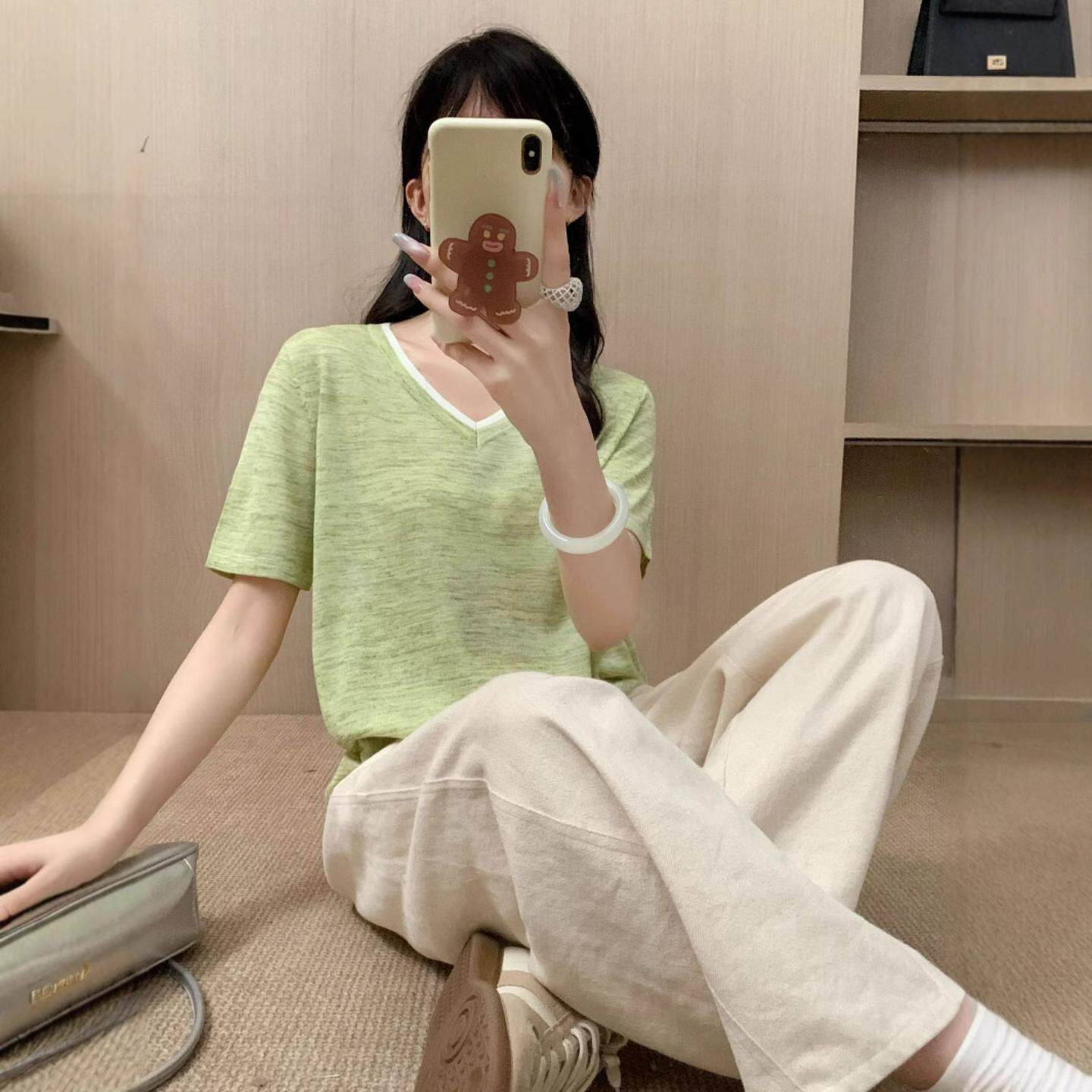 普洛克正品女装 夏薄领假两件设计感针织衫宽松慵懒风短袖T恤上衣