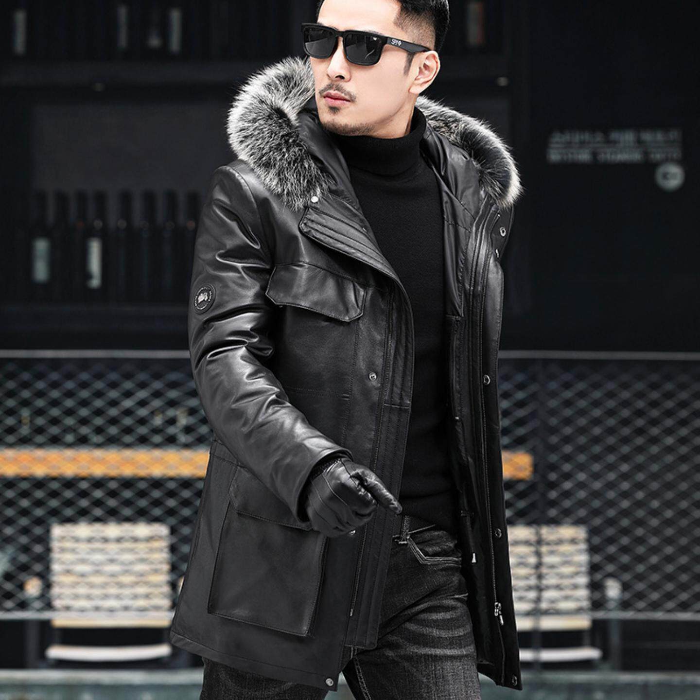 普洛克正品 士连帽真皮牛皮加厚皮衣外套皮夹克羽绒服中长款皮衣