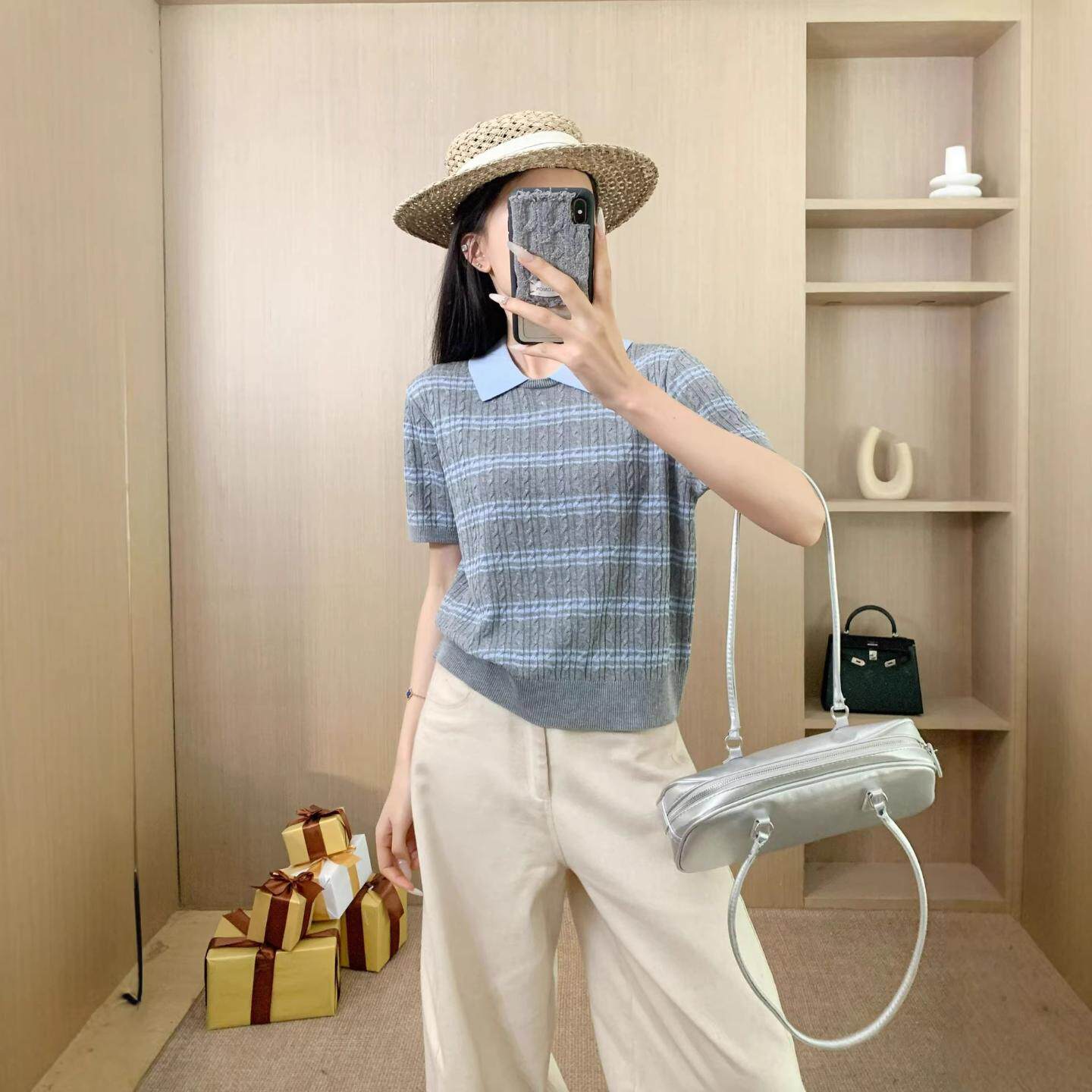 普洛克正品女装 翻领假两件条纹针织衫短袖t恤翻领绞麻花复古上衣