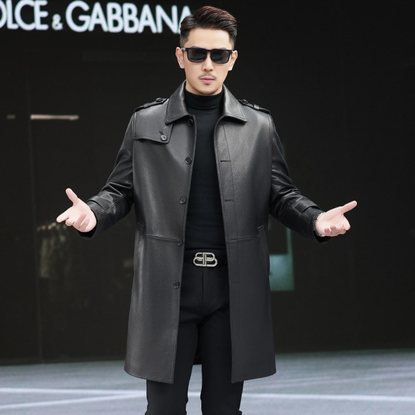 普洛克正品 真皮皮衣男中长款风衣山羊皮外套商务男装大码皮衣潮