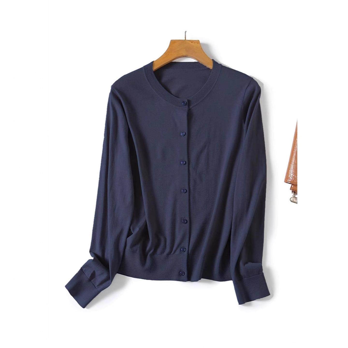 普洛克正品 100羊毛细腻圆领针织开衫长袖黑色白色可机洗羊毛衫女