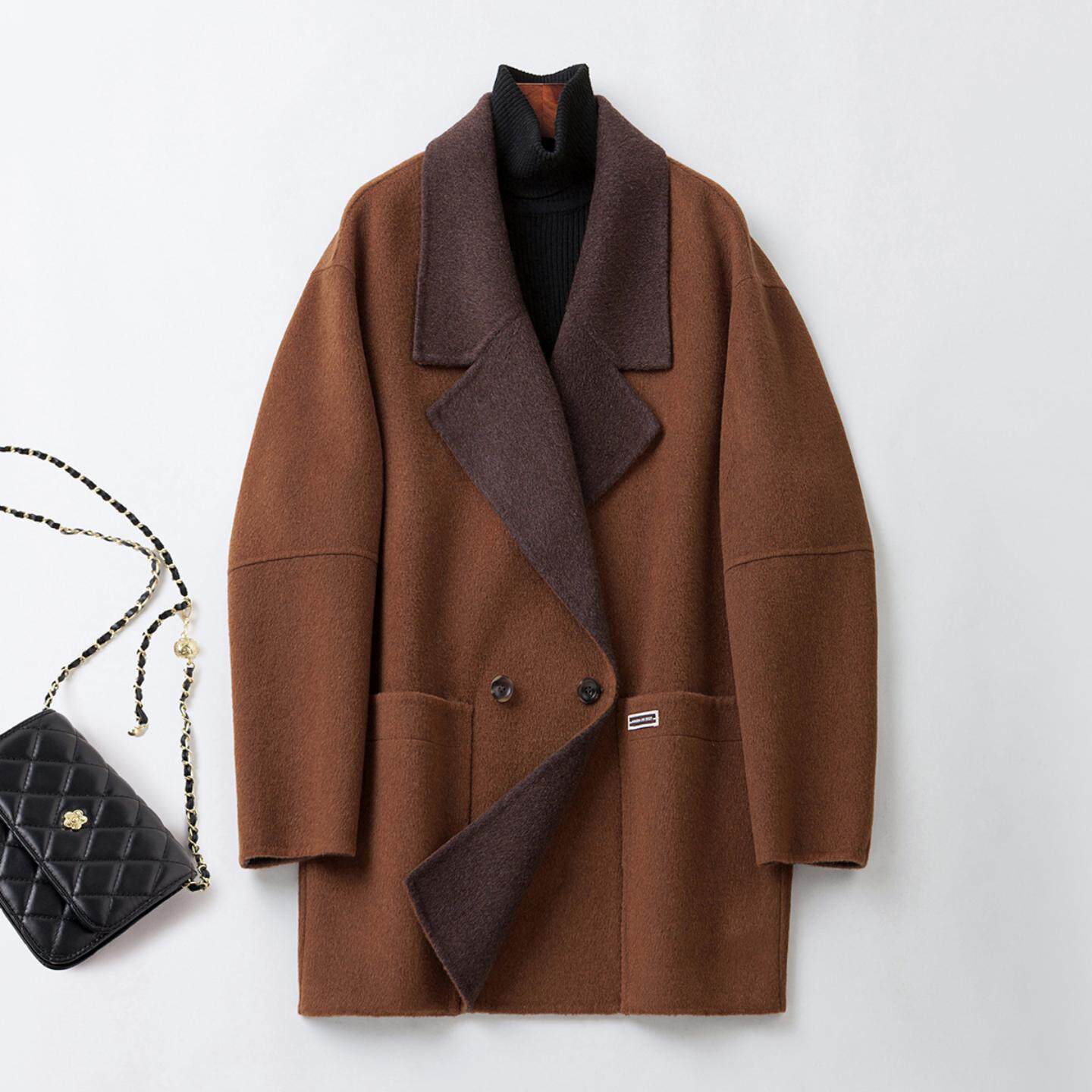 普洛克正品 山羊绒大衣女秋冬新款驼色羊毛呢宽松西装外套风衣潮