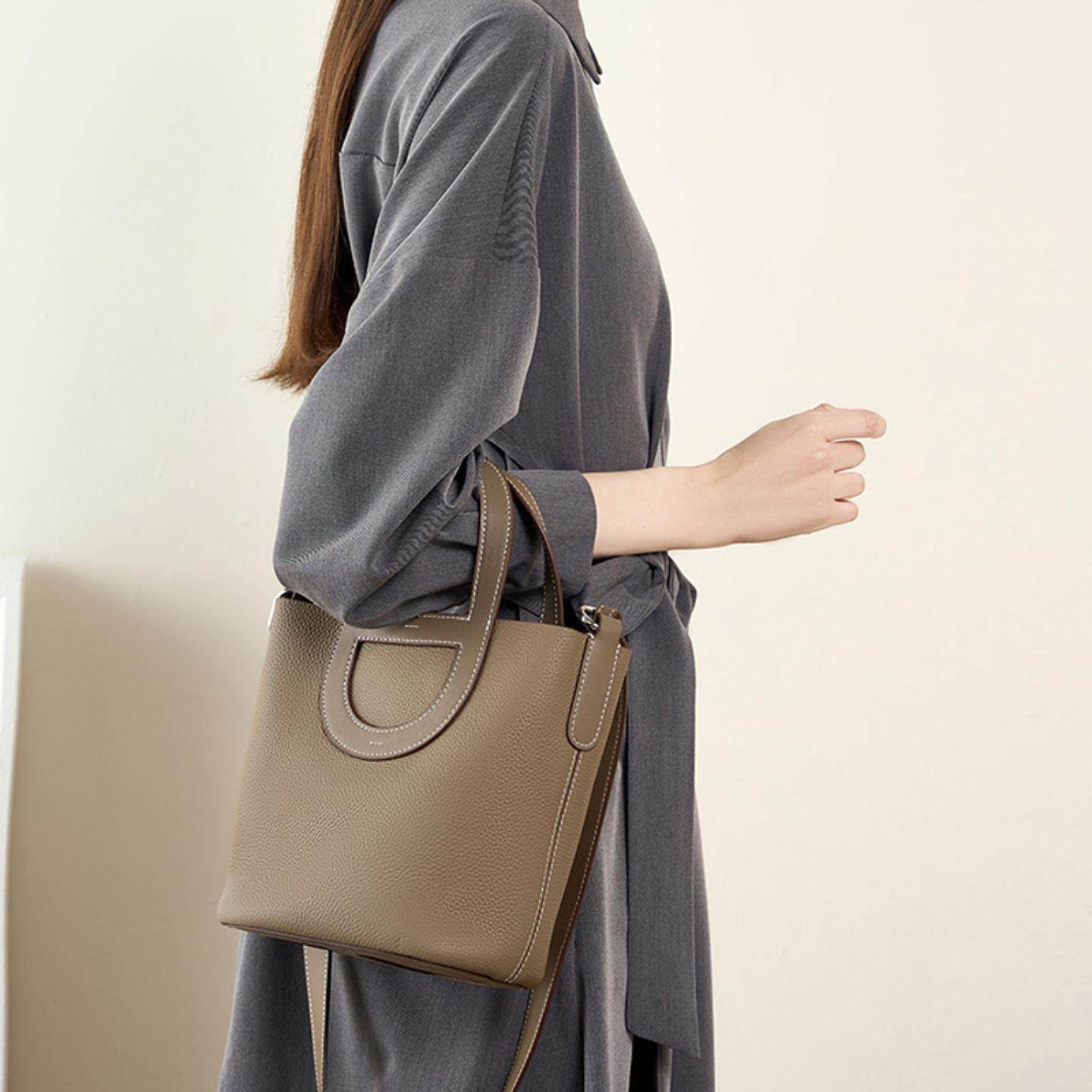 普洛克正品 头层牛皮猪鼻子菜篮子水桶包手提单肩斜挎真皮女包潮