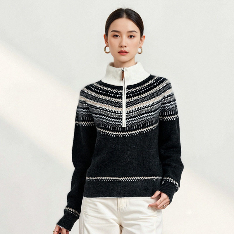 普洛克正品 衫女冬季新款复古提花针织衫宽松内搭半拉链毛衣上衣