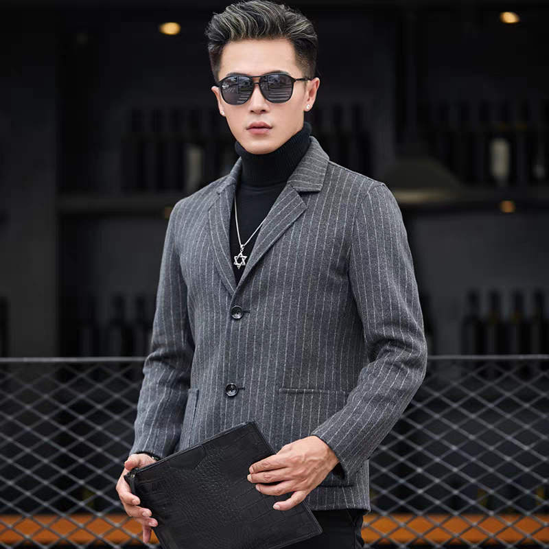 普洛克正品 羊毛西服男秋冬加厚双面呢休闲户外西装便装条纹外套