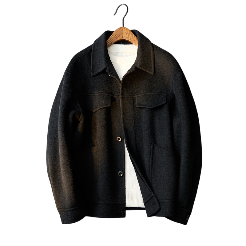 普洛克正品 秋冬长毛双面呢男羊毛翻领夹克外套青年毛呢大衣