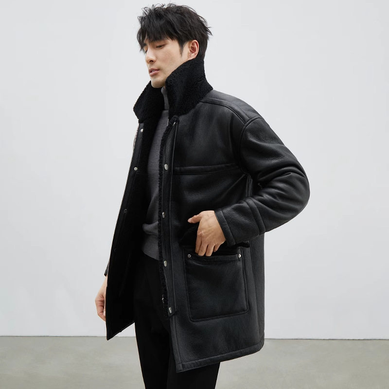 普洛克正品男装 新真皮衣长羽绒服鳄鱼纹绵羊皮狐狸毛领鹅绒外套