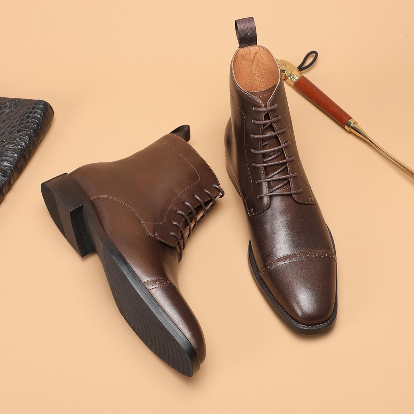 普洛克正品 头层牛皮高帮商务正装皮鞋尖头英伦风短靴中帮男靴子