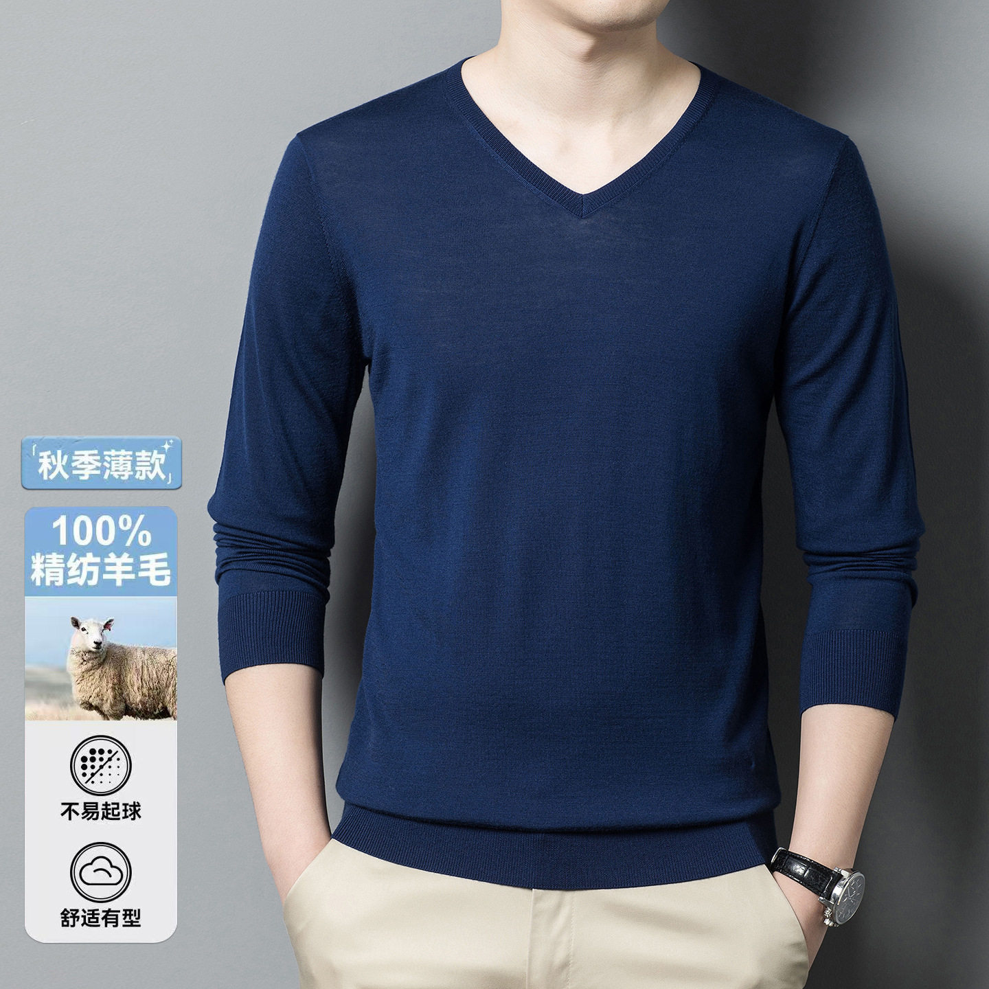 普洛克正品 精纺羊毛衫男V领鸡心领加厚秋衣男机洗针织打底衫毛衣