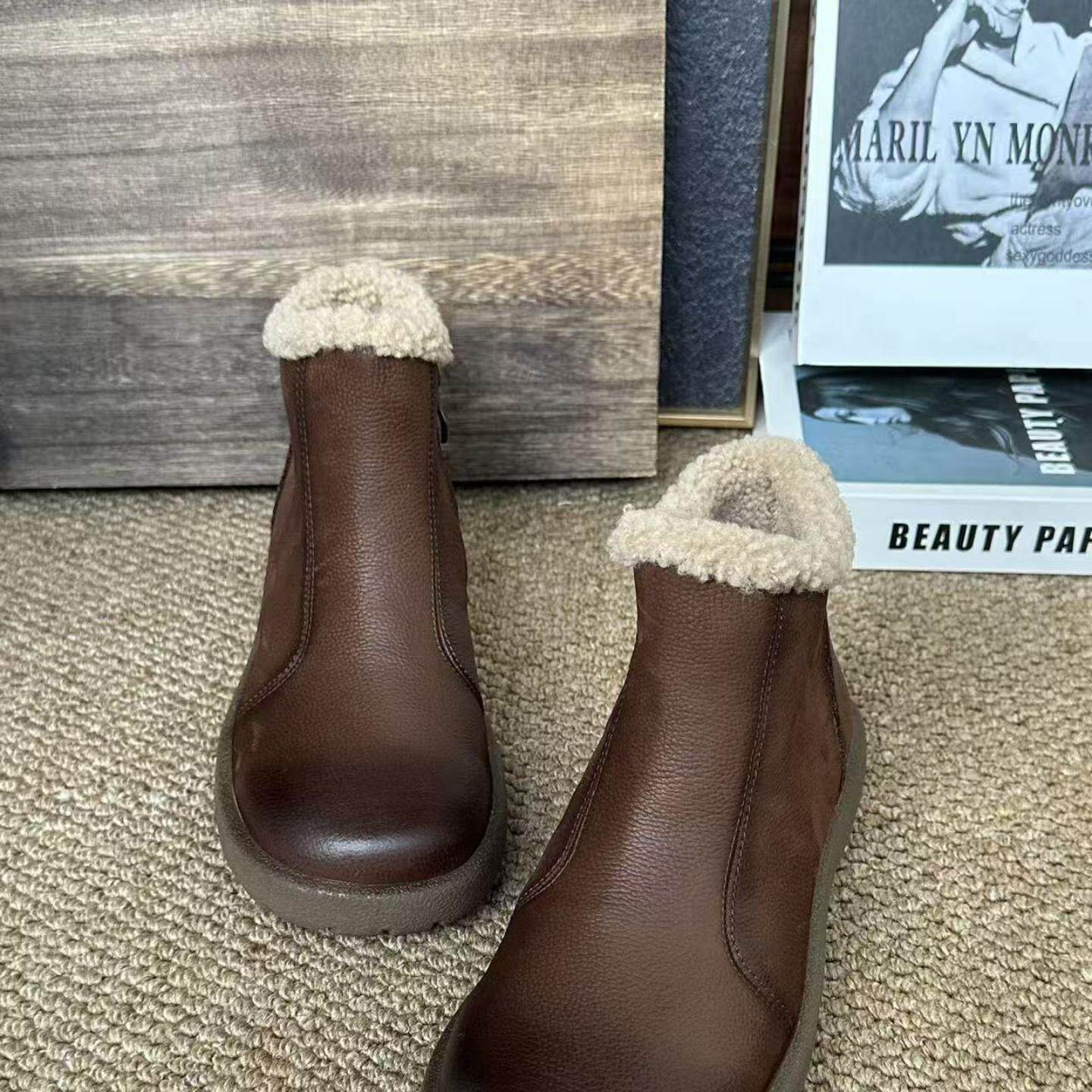 普洛克正品 手工做旧雪地靴小众设计加绒保暖棉靴女磨砂牛皮棉鞋