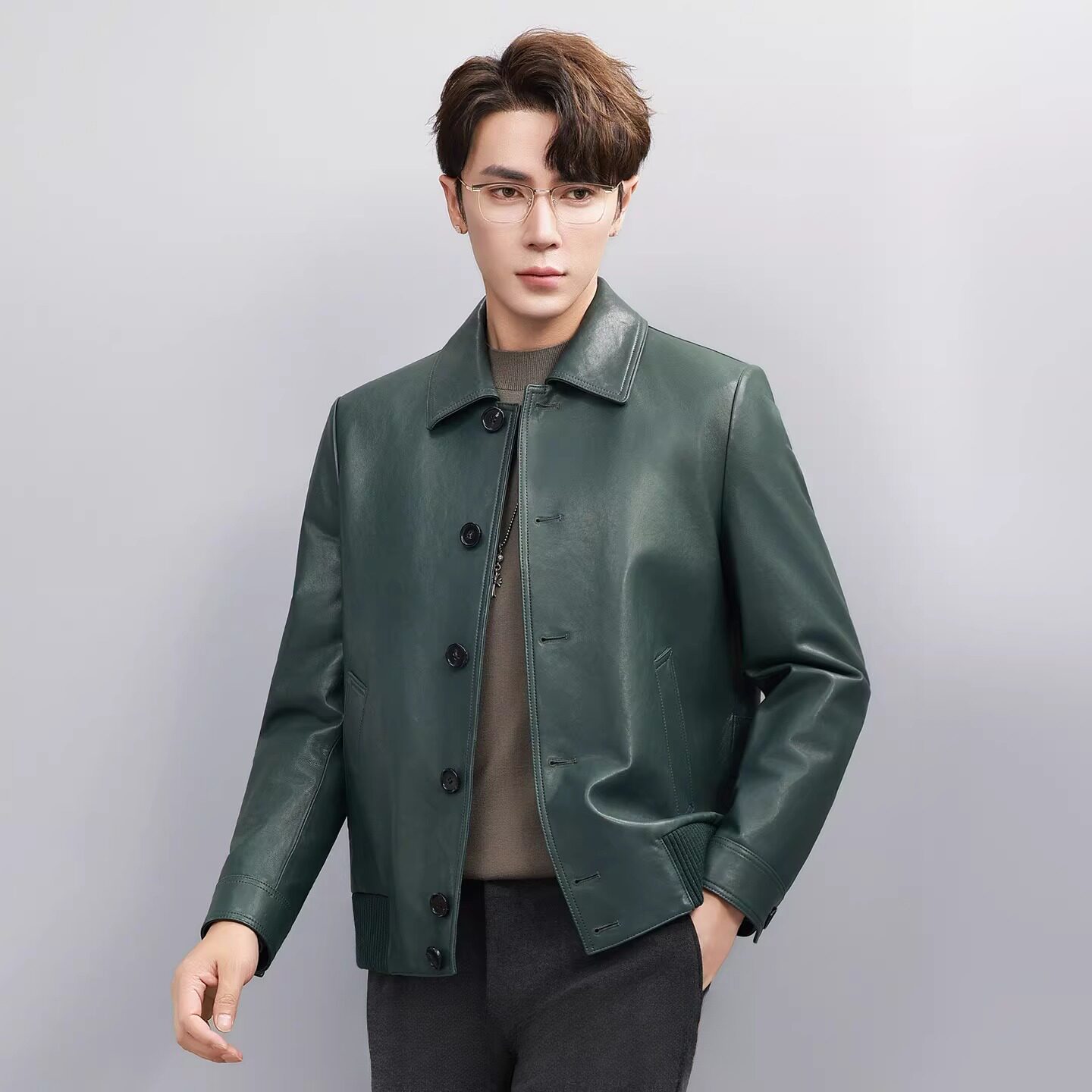 普洛克正品男装 羊毛呢大衣短款驼绒夹克真皮绵羊皮双面呢子外套