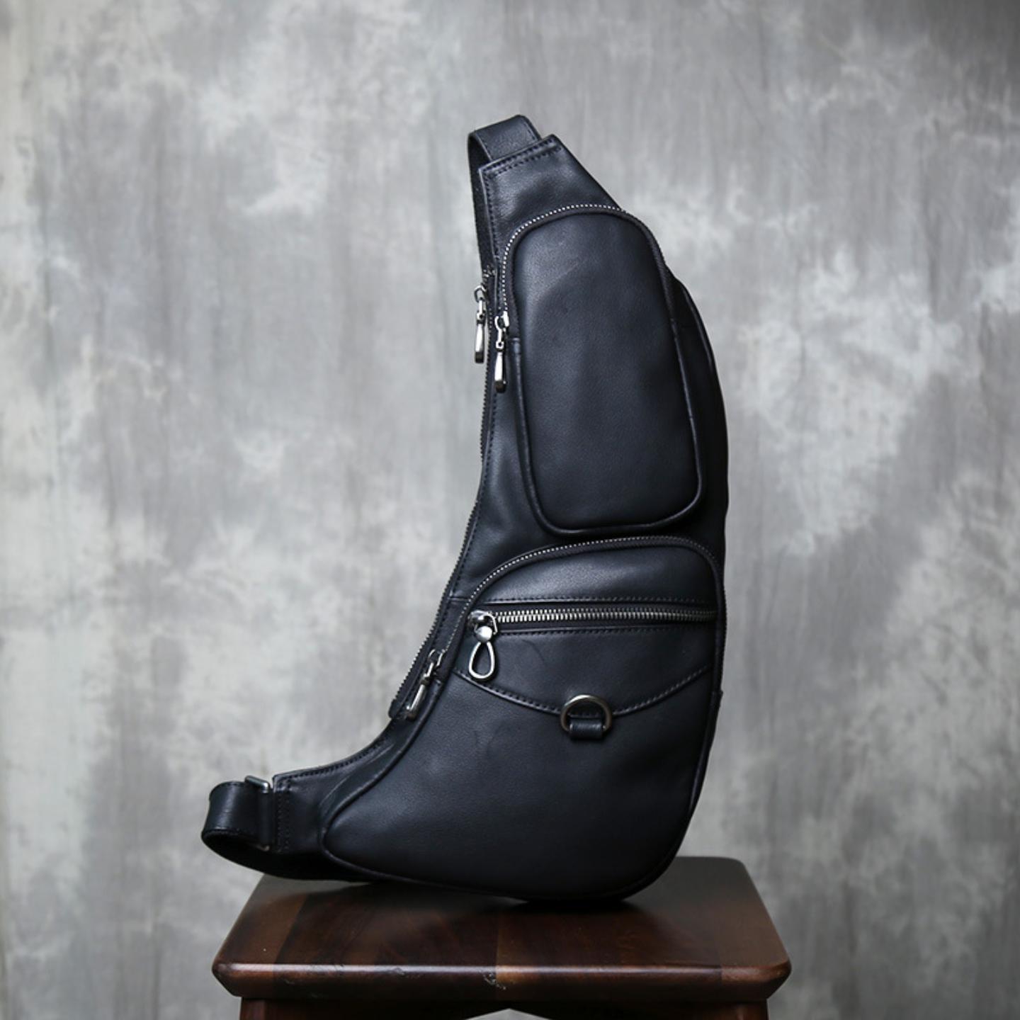 普洛克正品 男真皮胸包头层牛皮休闲男款单肩包大容量耐用斜挎包