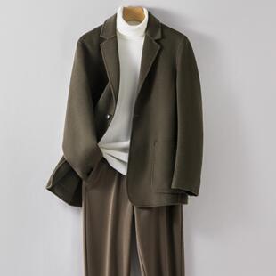 普洛克正品 冬羊毛西服高端短款羊绒西装男韩版双面毛呢大衣外套