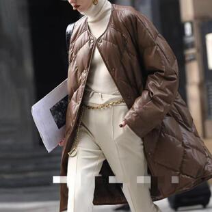 普洛克正品 美拉德复古菱形格90鹅绒服圆领百搭小羊皮羽绒服女装