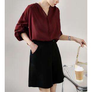 普洛克正品 开叉新中式桑蚕丝白衬衫黑色衬衣女式秋装上衣秋夏季