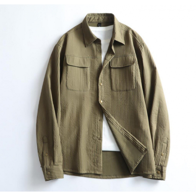 普洛克正品 褶皱轻便舒适春秋男长袖衬衫式夹克直筒宽松翻领外套