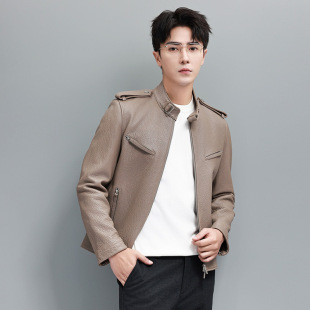 翻领宽松机车皮夹克外套 美拉德真皮衣绵羊皮短款 普洛克正品 男装