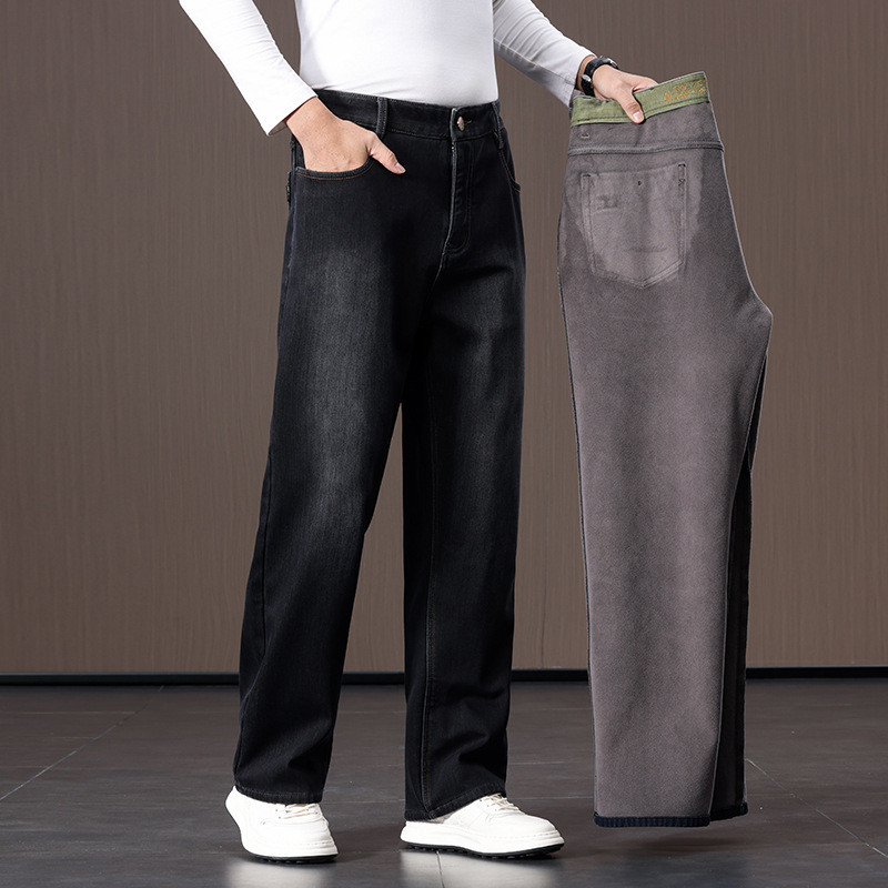 普洛克正品  棉冬加绒加厚黑色男牛仔裤宽松直筒休闲长裤子男