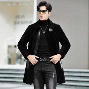 普洛克正品 男中长款真皮皮衣羊剪绒外套加厚羊羔毛绵羊皮草大衣
