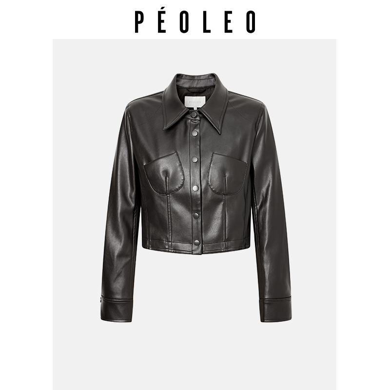飘蕾咖啡色pu皮衣2025年秋季新款女装正肩翻领机车显瘦气质短外套