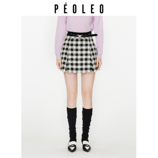遮胯气质通勤腰带 飘蕾千鸟格a字半身裙冬时尚 3件9折