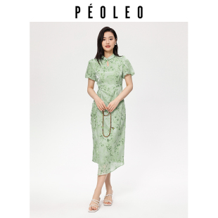 旗袍裙女夏泡泡袖 飘蕾新中式 竹影清风 开叉连衣裙 3件9折