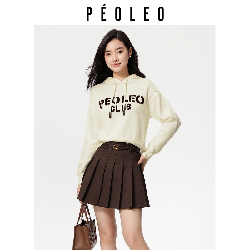 飘蕾米白色连帽抽绳毛衣女2025秋冬新款宽松学院风减龄针织衫上衣