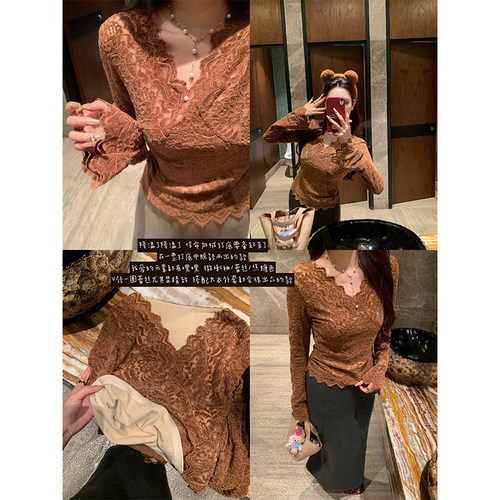 （吴大笑）情迷加州～重工纯欲蕾丝钩花修身V领显瘦百搭加绒打底