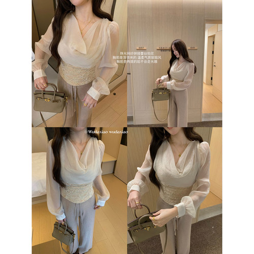 （吴大笑）落雪纷飞～温柔气质百搭显瘦显白飘带氛围感小荡领上衣