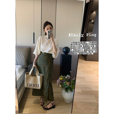 （吴大笑）禅意嫣然～新中式灯笼袖中领上衣晕染半裙国风棉麻套装