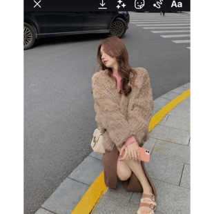 （吴大笑）给你一杯温温柔柔的板栗奶茶兔毛双面编织上衣皮草外套