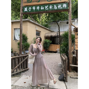 （吴大笑）云栖浅禾～气质设计感小众纯欲遮肉显瘦朦胧网纱连衣裙