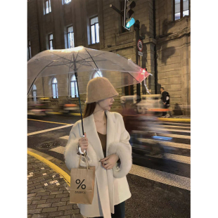 （吴大笑）雪后初霁～100羊毛斗篷外套女狐狸毛袖口翻领毛呢大衣