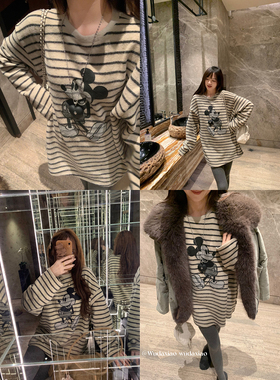 （吴大笑）杏仁慕斯～保暖环保羊绒可爱米奇减龄百搭条纹磨毛T恤