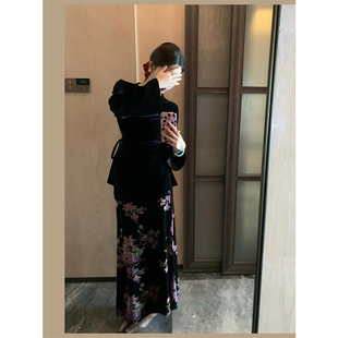 (吴大笑)旧事情书~小众迷人高ji感一片式系带气质显白丝绒上衣