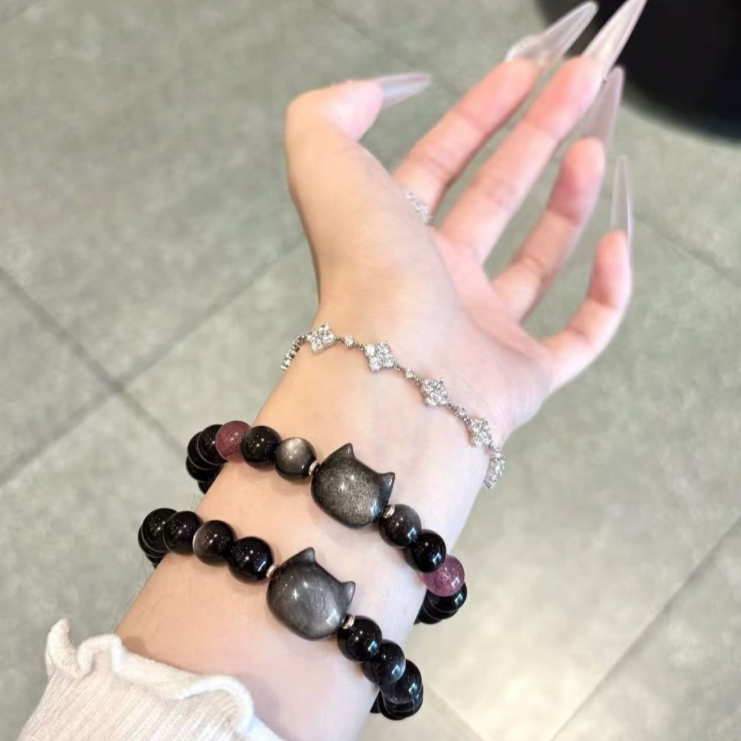 新中式无脸猫银曜石情侣款手链女草莓晶珠天然黑曜石弹力男生手串,饰品/流行首饰/时尚饰品新,黑曜石,淘宝优惠券,粉丝福利购,淘宝优惠卷
