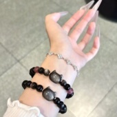 新中式 无脸猫银曜石情侣款 手链女草莓晶珠天然黑曜石弹力男生手串